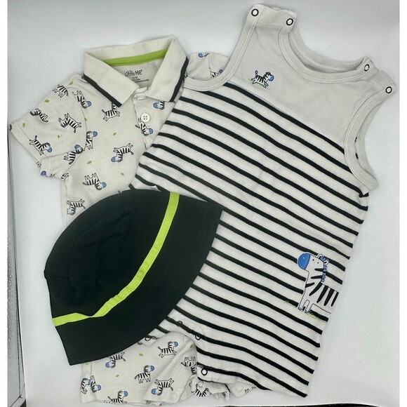 Little Me 3-Piece Set Romper Zebra Stripe Animal Black White Hat (958) - Picture 1 of 2